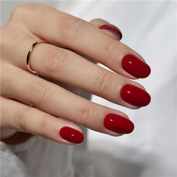 Press On Nails Short - Red Press on Nails Short Oval Nails Fall Fake Nail - Picture 1 of 7